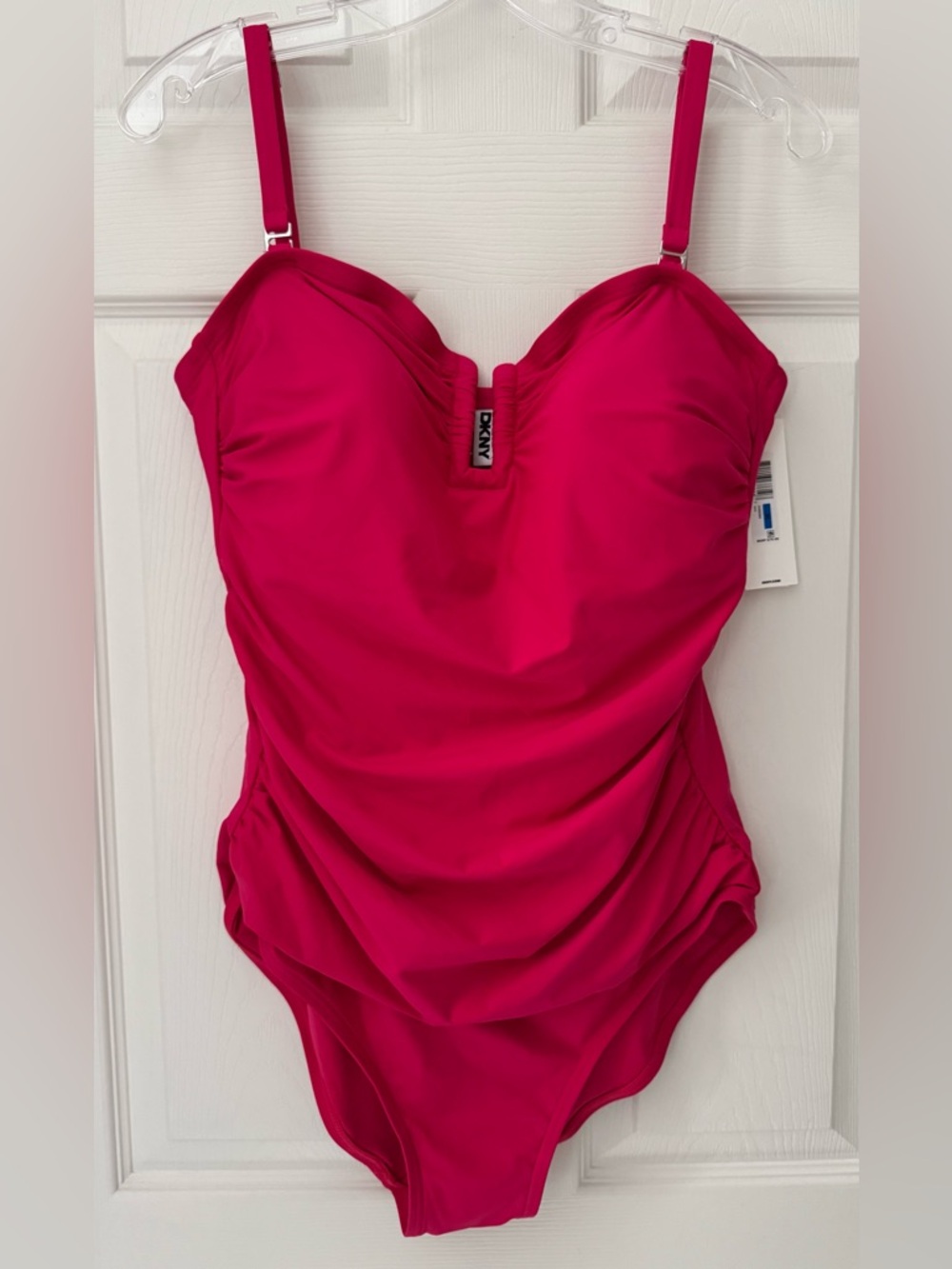 NEW - DKNY Bright Pink Ruched One-Piece Swimsuit XL - NWT